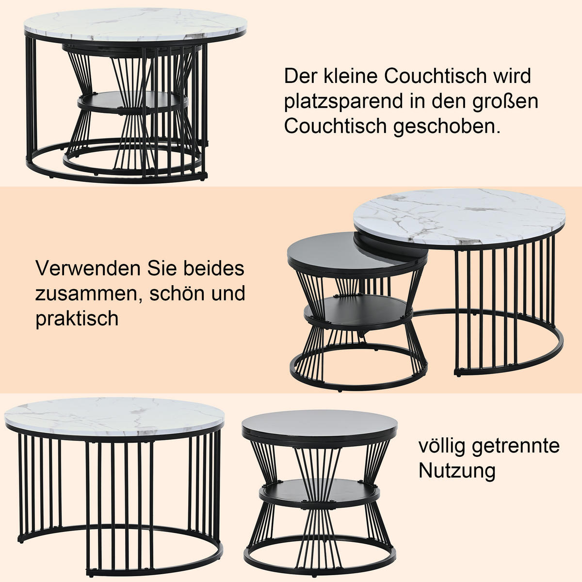 COUCHTISCHSET schwarz und weiß - Schwarz/Weiß, Holzwerkstoff/Metall (70/70/45.5cm) - Urban Meuble