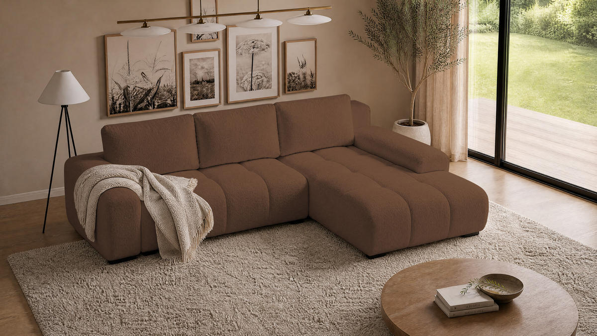 ECKSOFA Ovia mit Bettkasten und Schlaffunktion, Bouclé-Stoff in L-Form - Braun, Textil (270/185cm)