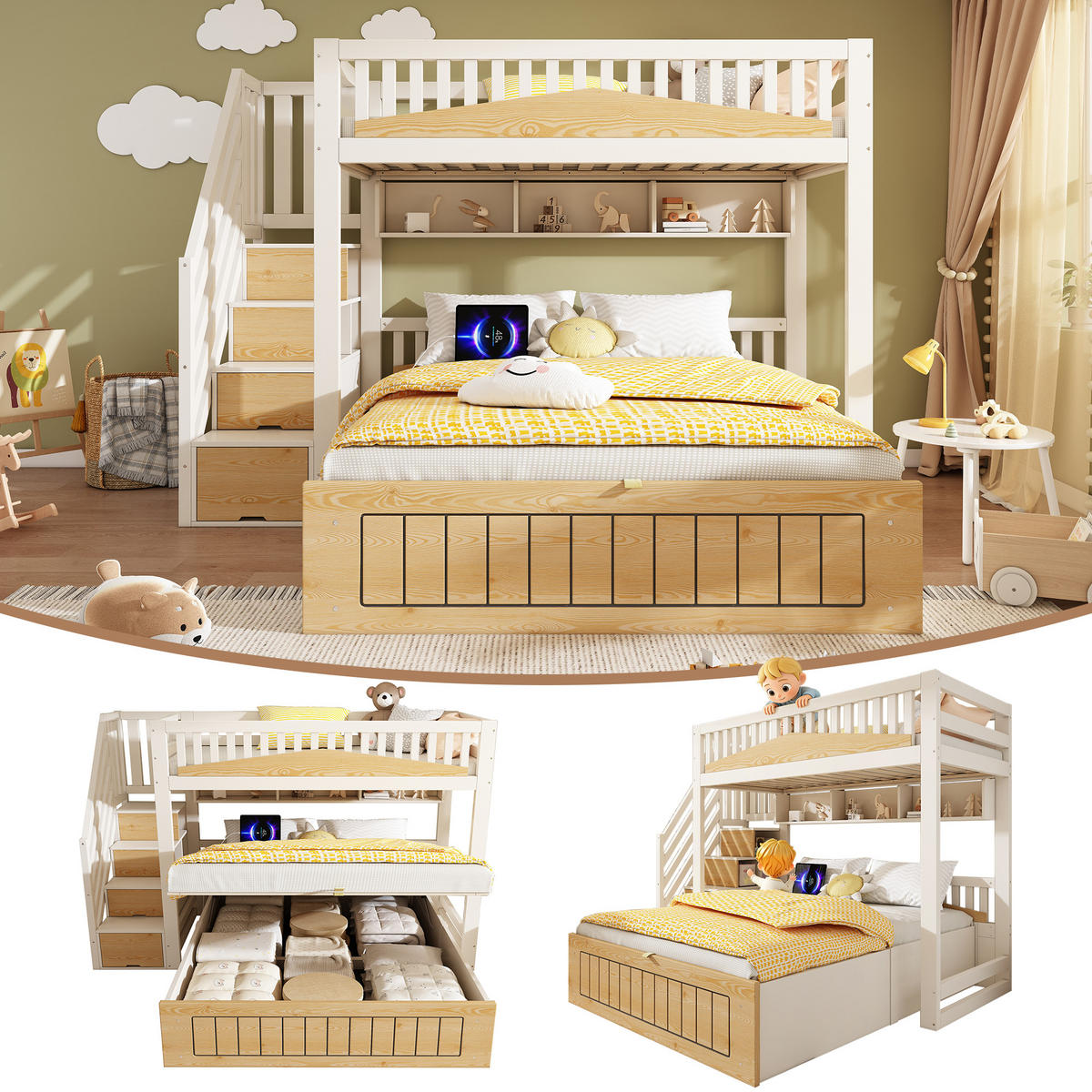 ETAGENBETT Holz 90/200 cm & 140/200 cm Weiß, Natur - Ahornfarben/Weiß, Holz/Metall - Raumix