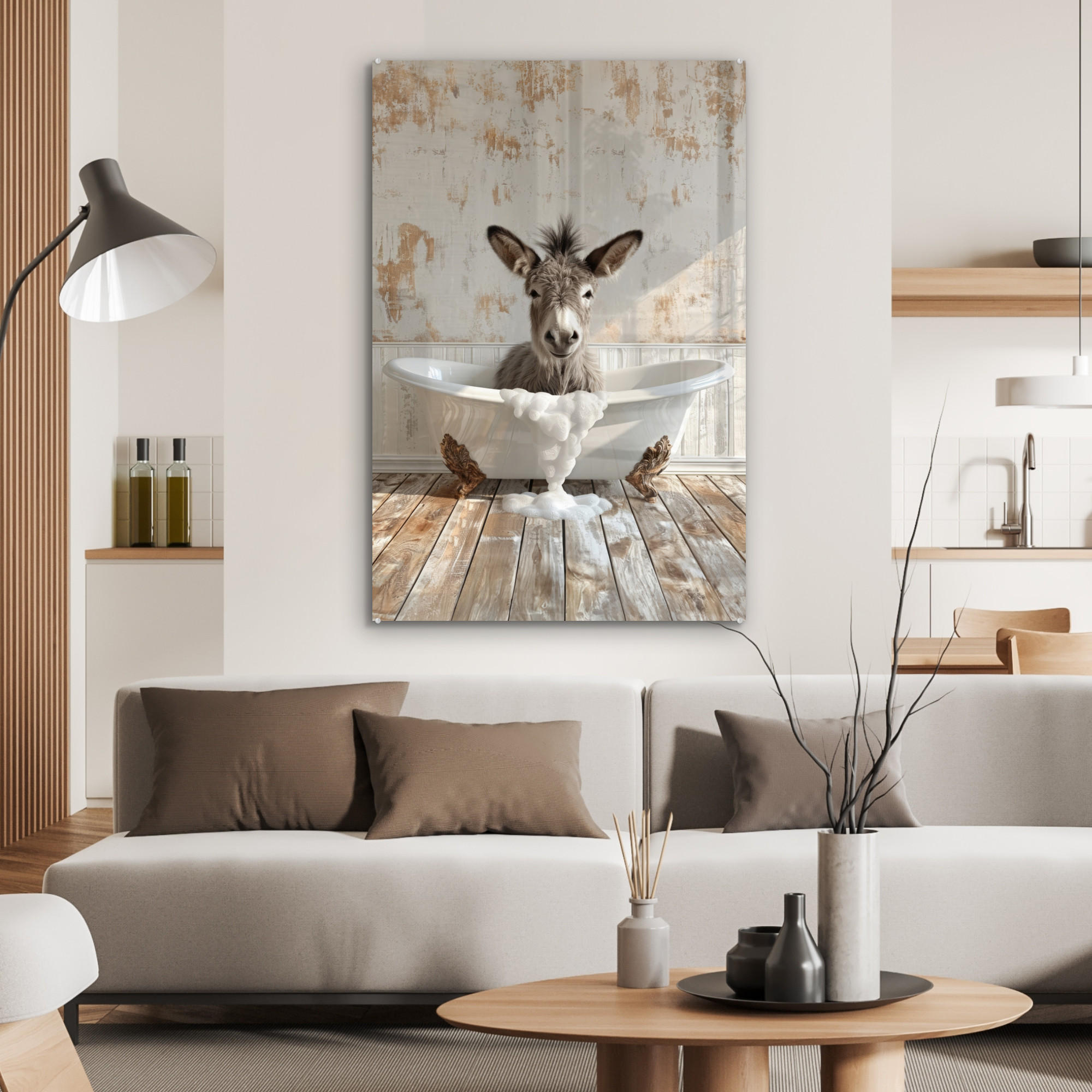 ACRYLGLASBILD Esel - Tiere - Badewanne - Schaumstoff 60x90 cm - Weiß, Glas (60/90cm) - MuchoWow