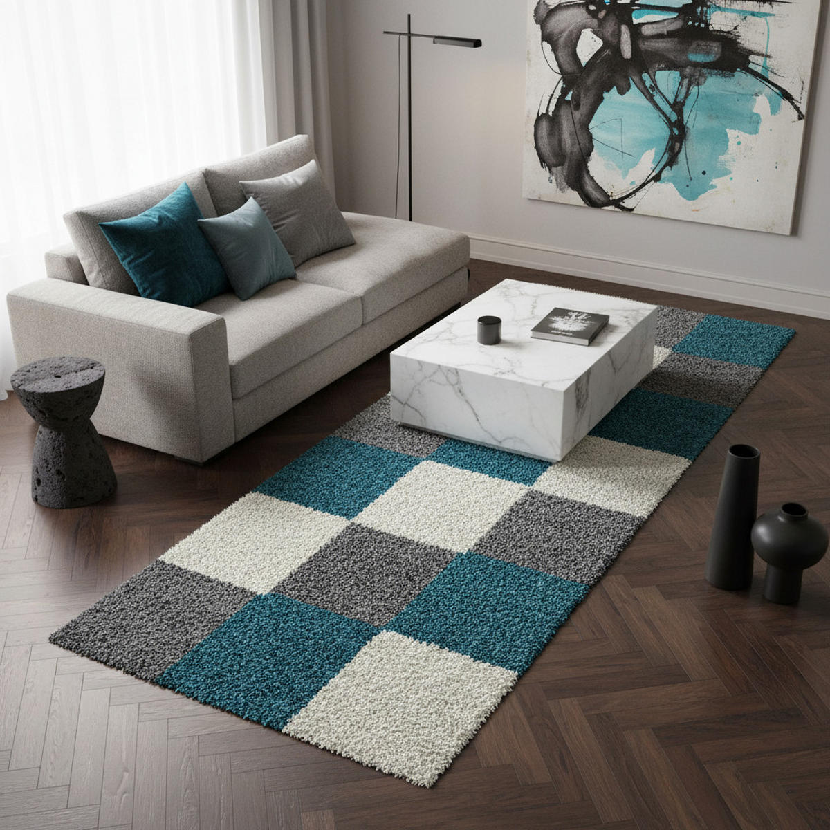 HOCHFLORTEPPICH RHEIN, kariert, Türkis, 80 x 250 cm - Blau, Textil (80/250cm) - KADIMA DESIGN