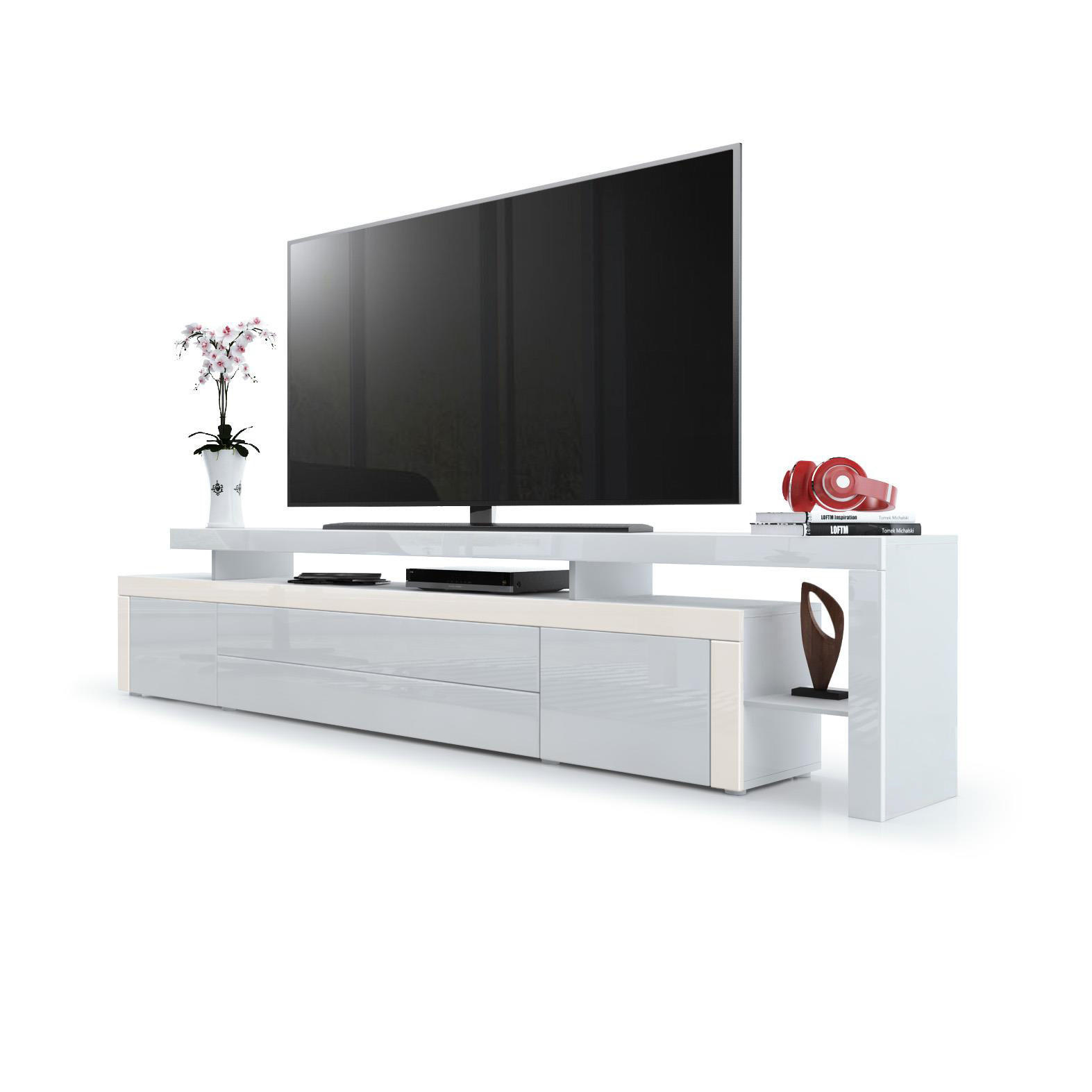 Vladon Lowboard Weiß Hochglanz, Creme 227x52x35 cm