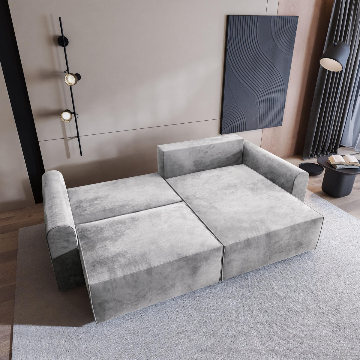 ECKSOFA FIANO M Hellgrau Velours-Stoff mit Schlaffunktion - Hellgrau, Holz (245/148cm) - MASSENO