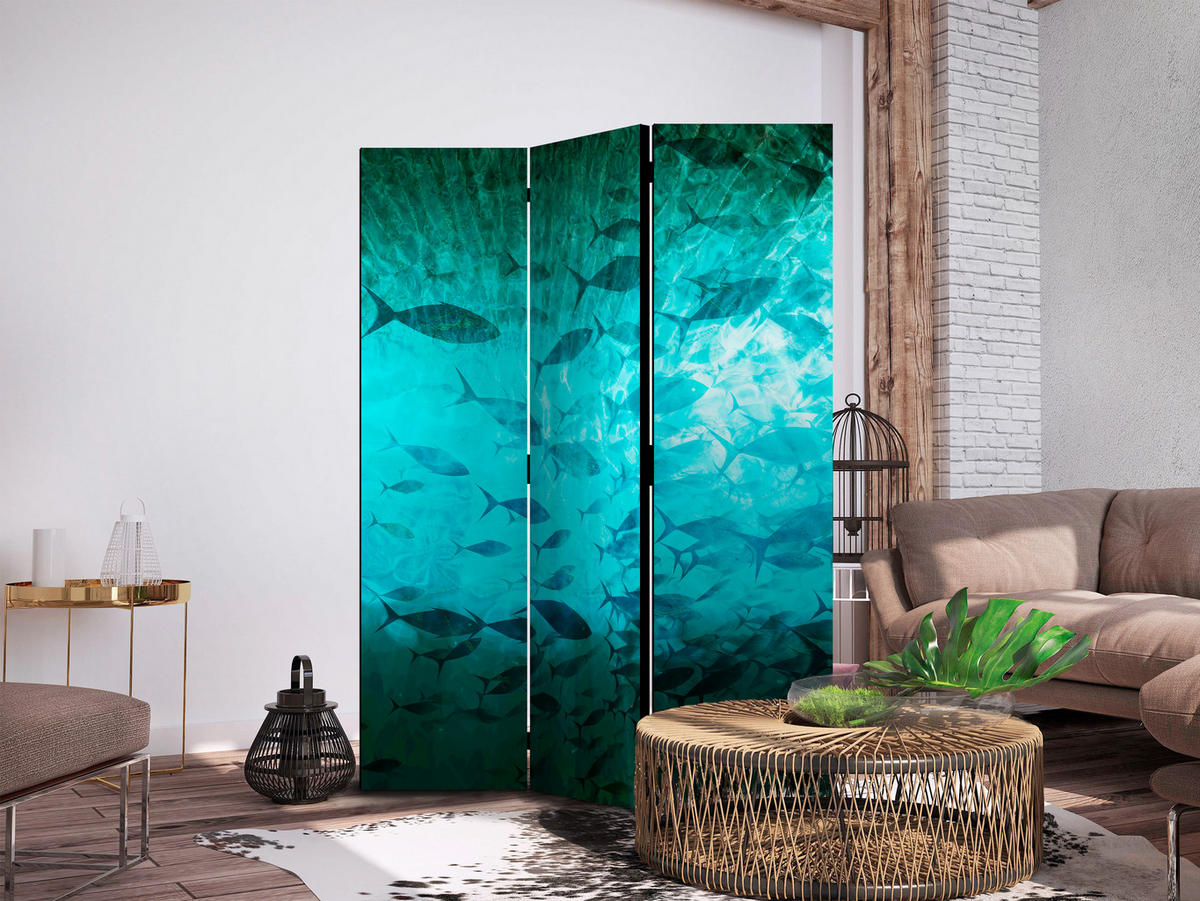 PARAVENT Akustik 3-tlg 135x172 cm Fischschwarm Natur - Blau, Holz/Textil (135/172/3cm) - Muralo