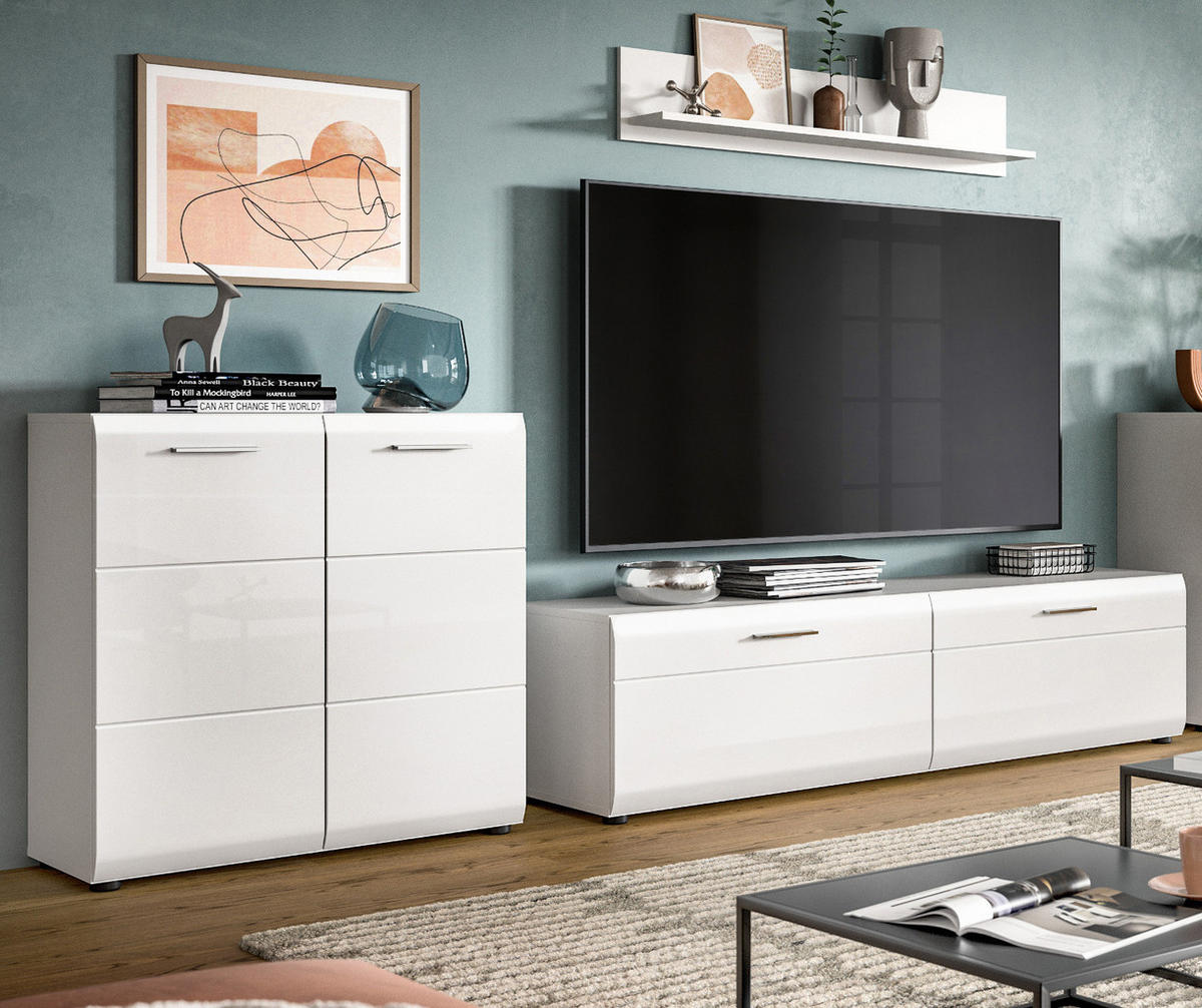 WOHNWAND weiß Hochglanz 3-teilig 255 cm, Schrankwand modernes Design - Weiß Hochglanz/Silberfarben, Glas/Holzwerkstoff (255/160/41cm) - Inn.Furn