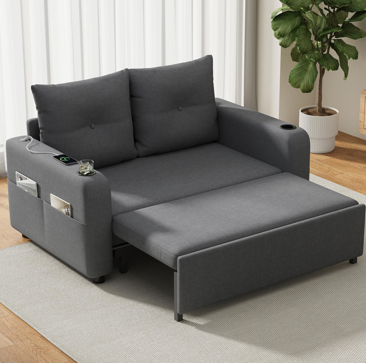 SCHLAFSOFA 3-in-1 131 x 81 x 94 cm Grey mit USB-Anschluss - Grau, Metall (81/94/131cm) - Meubliv