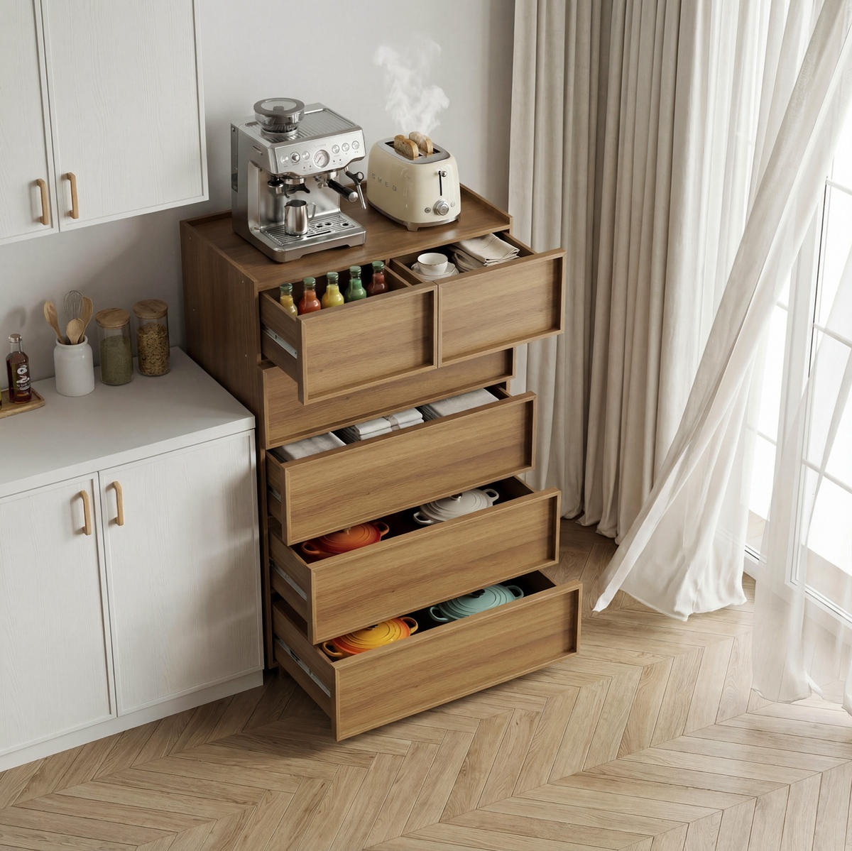 KOMMODE 80/48/127 cm aus MDF und Holzwerkstoff mit 6 Schubladen Eichefarben - Nussbaumfarben, Holzwerkstoff (80/127/48cm) - Modenvie