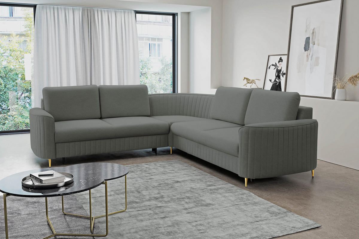 ECKSOFA VELA R-S Grau Velours-Stoff mit Schlaffunktion - Grau, Holz (251/251cm) - MASSENO