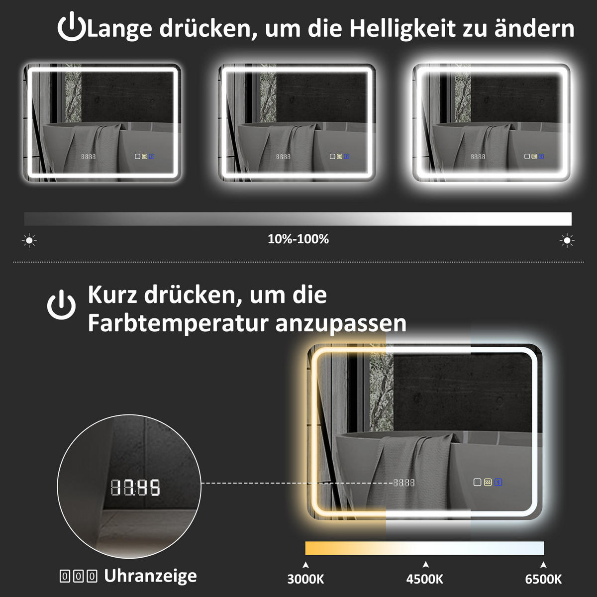 BADEZIMMERSPIEGEL mit LED-Beleuchtung, Anti-Beschlags-Pad, 3 verstellbare Farben - Silberfarben, Glas (3.5/70/90cm) - HOMCOM