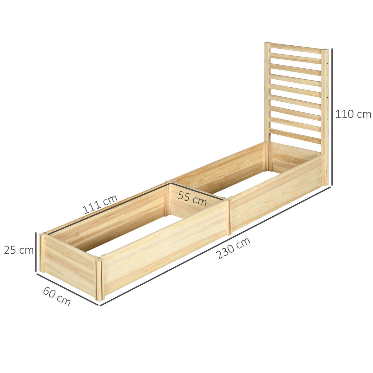 HOCHBEET DE-12223 mit Rankgitter 230/60/110 cm offener Boden Natur - Naturfarben, Holz (230/110/60cm) - ComfortXL