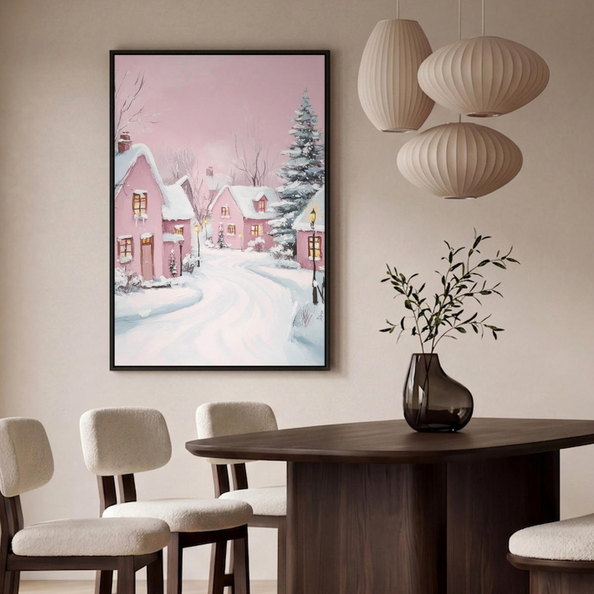 LEINWAND Bilder mit Rahmen - Weihnachtsdorf - Rosa - Winter - Schnee - Häuser - 80x120 - Altrosa, Textil (80/120cm) - MuchoWow