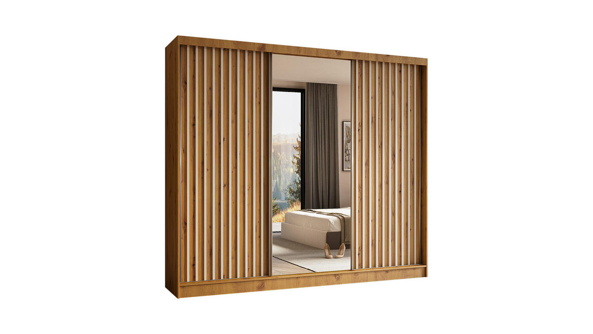 KLEIDERSCHRANK mit Spiegel-Schiebetüren und Aluminium-Leisten - LAMELO - 240 cm Artisan+Artisan+Weiß - Eiche Artisan/Weiß, Holzwerkstoff (240/216/61cm) - ALTDECOR