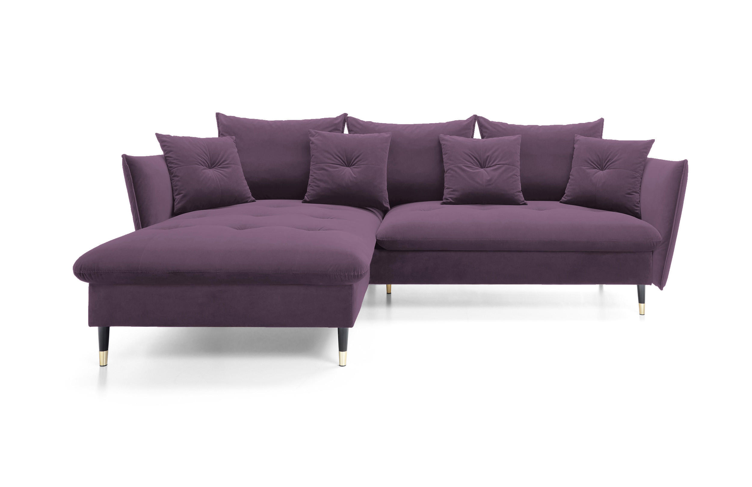 ECKSOFA GLAM mit Schlaffunktion, Ottomane & goldenen Füßen – Samtsofa im Glamour-Stil mit Zierkissen, 258x167x91cm, Linke, LILA - Lila, Holz/Textil (167/258cm) - DomoHome