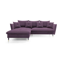 ECKSOFA GLAM mit Schlaffunktion, Ottomane & goldenen Füßen – Samtsofa im Glamour-Stil mit Zierkissen, 258x167x91cm, Linke, LILA - Lila, Holz/Textil (167/258cm) - DomoHome