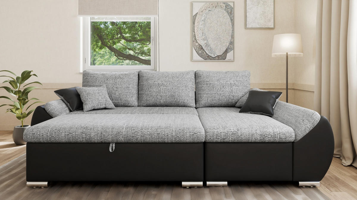 ECKSCHLAFSOFA ALEX – Grau + Schwarz (Lawa 05 + Soft 11) + Hocker - Rechts - Grau, Holzwerkstoff/Metall (275/155cm) - Möblo