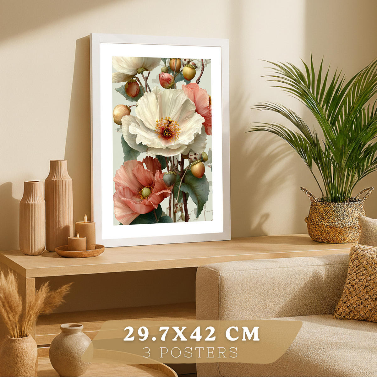 PLAKAT Sada 3 barevných květinových obrazů. Dekorativní nástěnné tisky barevných květin a přírody. Obrazy divokých květin. Velikost Bílý rám A3 - bílá, papír (29.7/42/3cm) - Nacnic