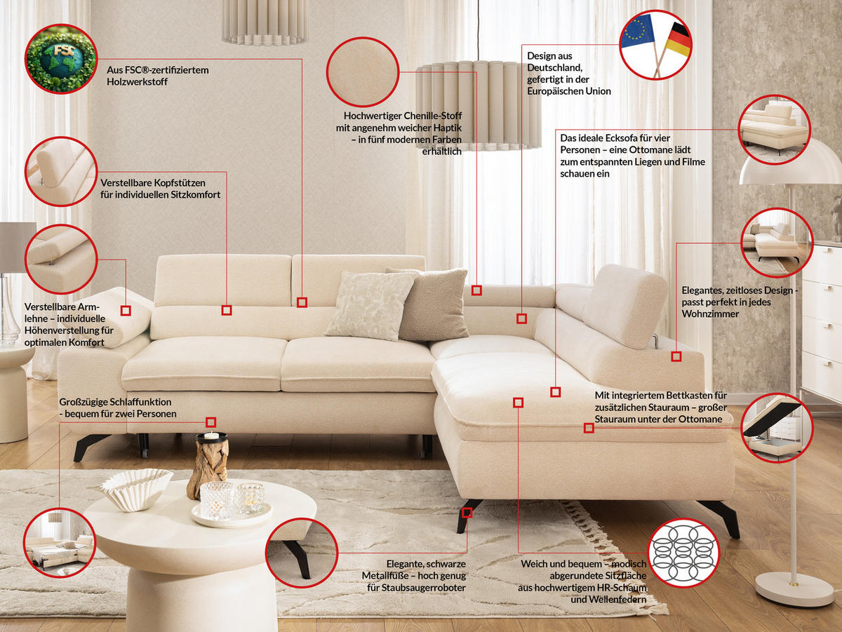 ECKSOFA mit Schlaffunktion und Bettkasten Bonnie aus Creme Chenille-Stoff mit verstellbaren Kopfstützen und Armlehne - Ottomane rechts - Creme/Schwarz, Holz/Textil (275/210cm) - S-Style Möbel