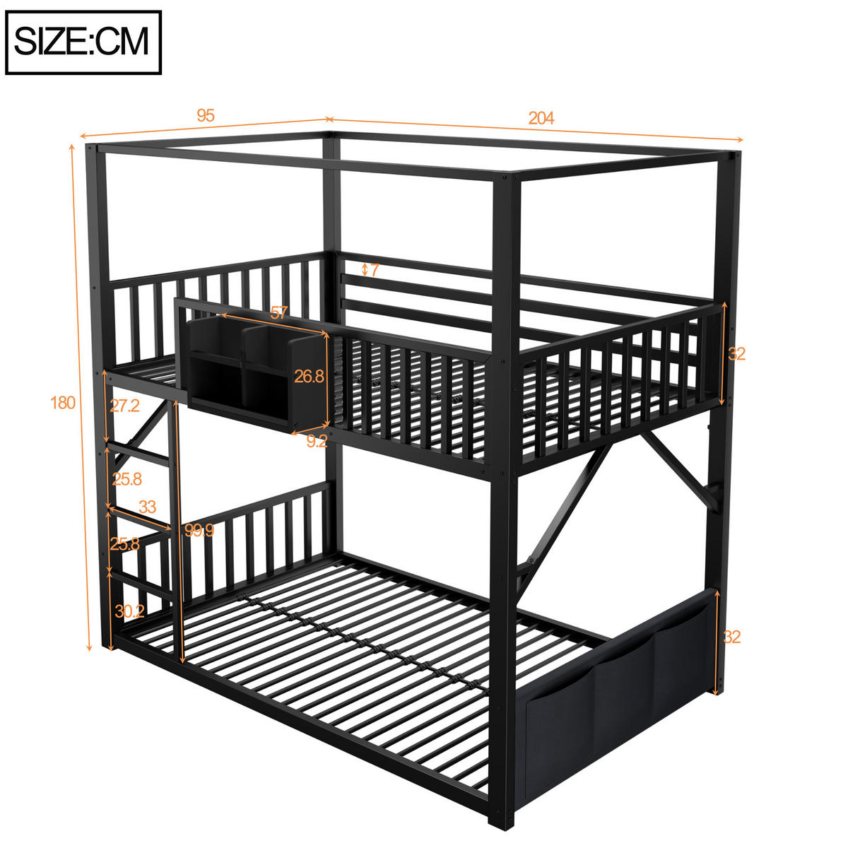 ETAGENBETT 90/200 cm Metall mit Dachdesign, DE-41590, in Schwarz - Schwarz, Metall (90/200cm) - ComfortXL