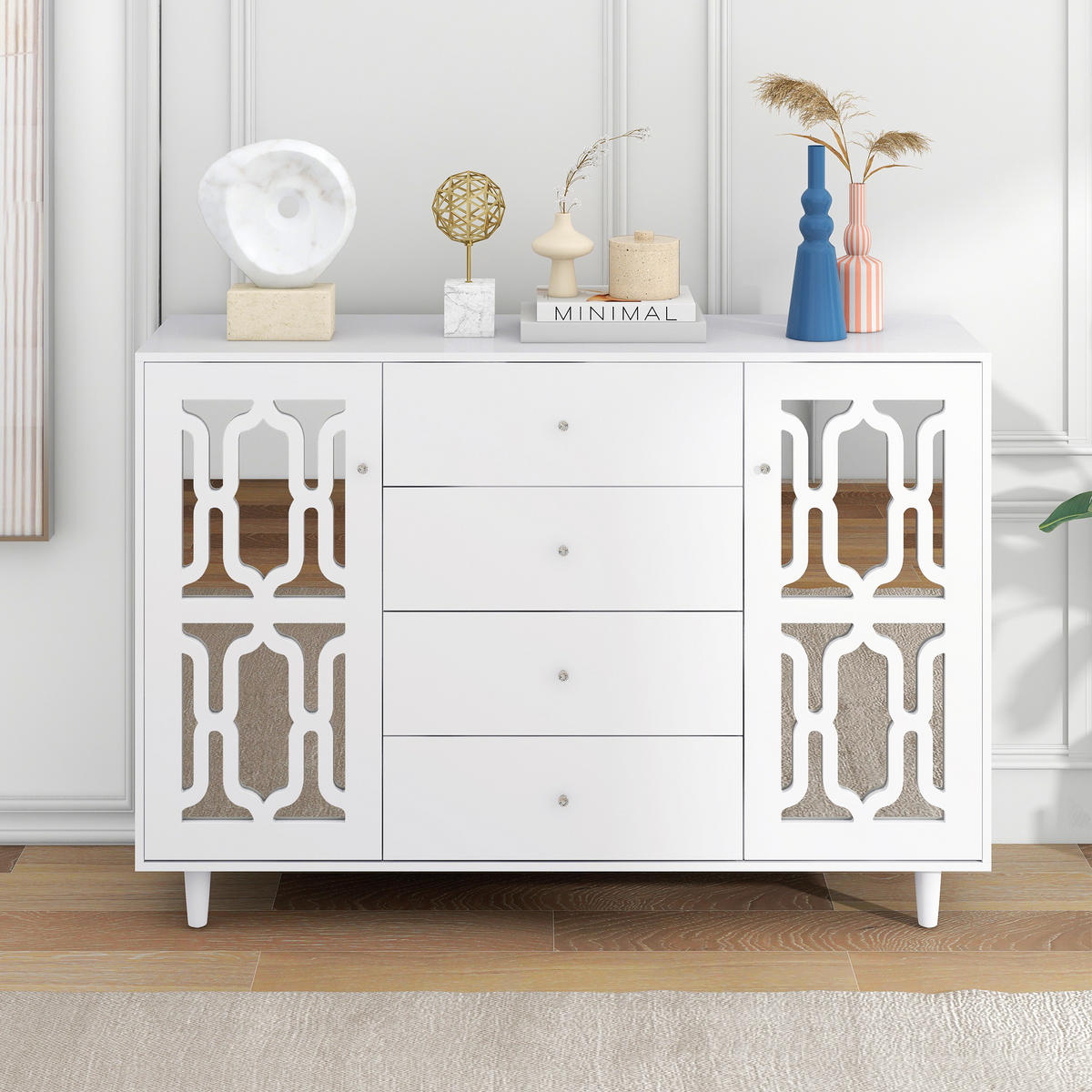 SIDEBOARD mit weißer Spiegeloberfläche und Kristallgriffen, 4 Schubladen und 2 Türen, 147/40/102 cm, Weiß - Weiß, Holzwerkstoff (147/102/40cm) - Redom