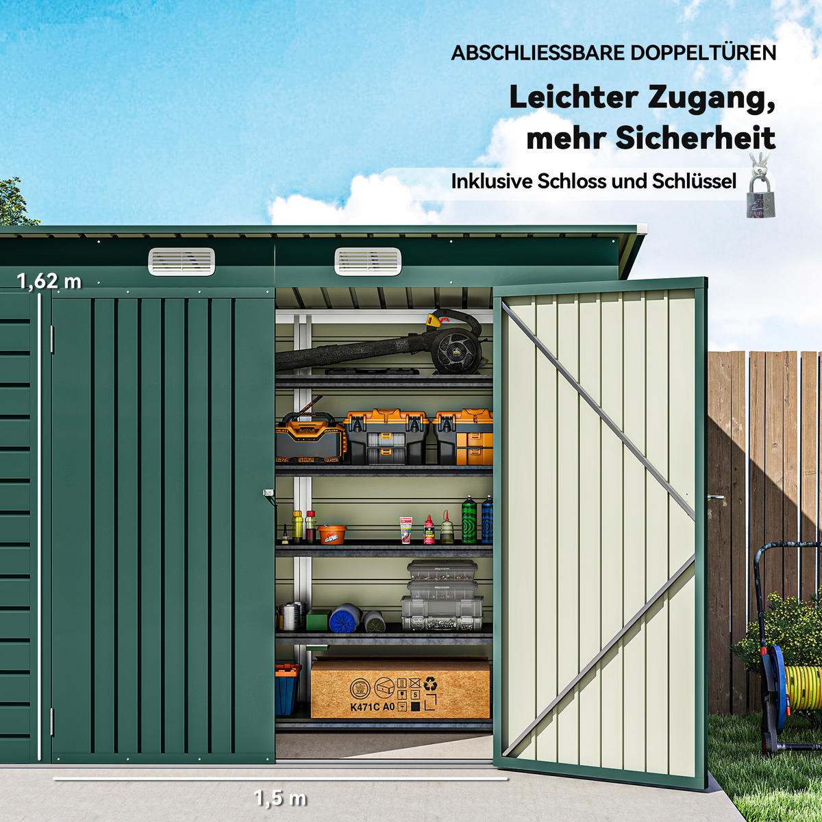GERÄTEHAUS Stahl 249 x 121 x 166/183 cm - Grün, Metall (121/183/249cm) - Outsunny