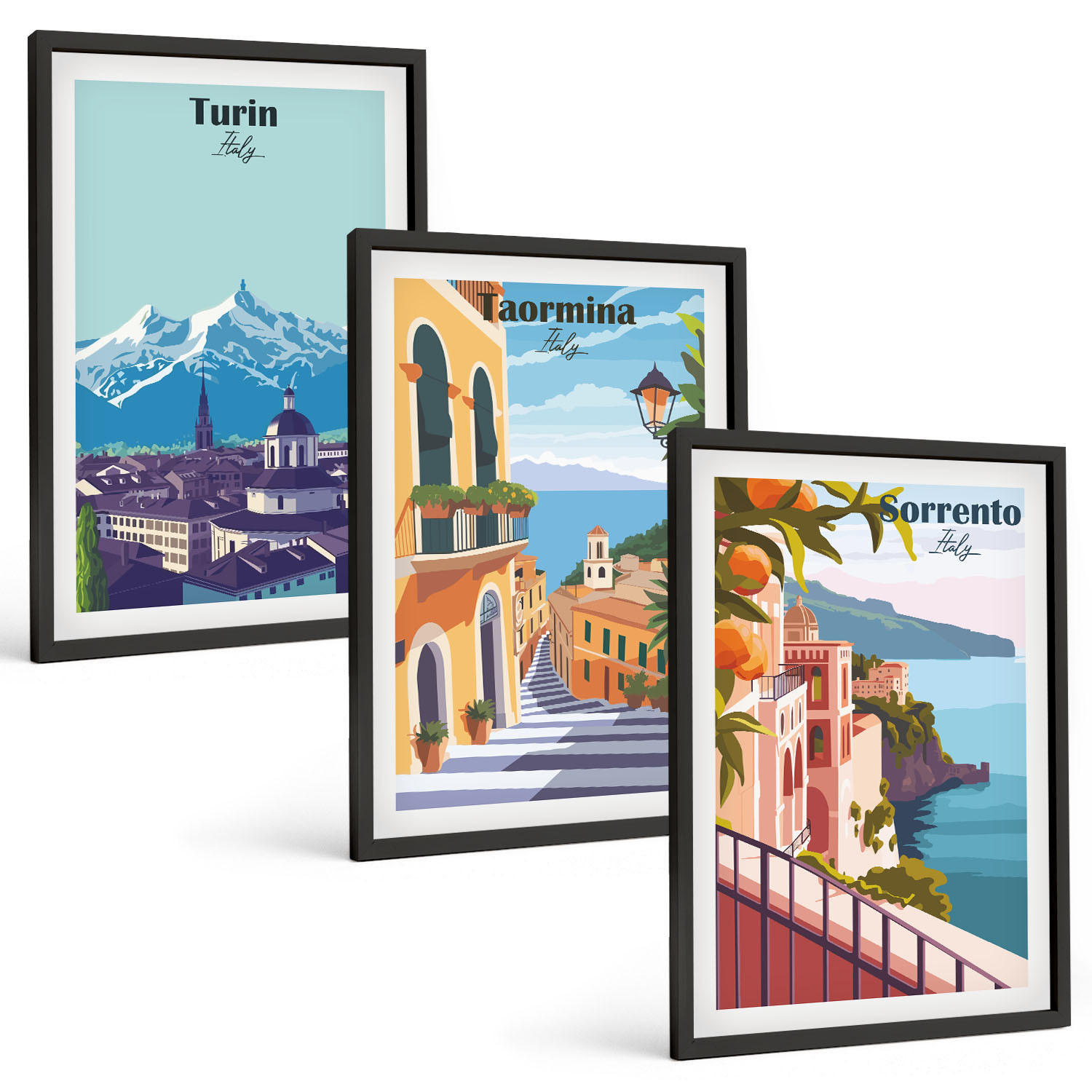 BILDER SET 3er Set - 40x60 cm Schwarzer Rahmen - Farbenfrohe Retro-Stadtansichten - Schwarz, Kunststoff (40/60cm) - TULUP