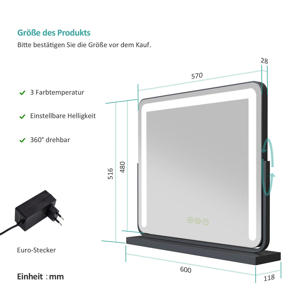 KOSMETIKSPIEGEL mit Beleuchtung, Schwarz, 60/51,6/11,8 cm - Schwarz, Glas (51.6/11.8/60cm) - EMKE