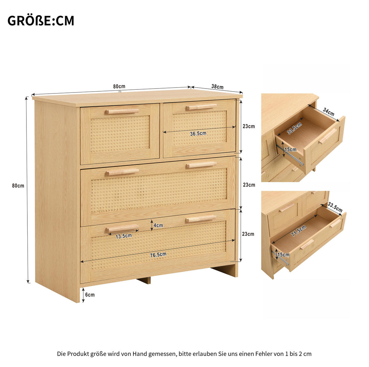 KOMODA z MDF a masivního dřeva 80x80x38 cm přírodní se 4 zásuvkami, ratanovým čelem a ochranou proti převrácení - přírodní, kompozitní dřevo (38/80/80cm) - Modfu