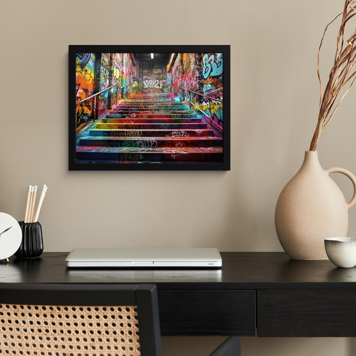 POSTER MIT RAHMEN Treppe - Graffiti - Farben - Kunst 40x30 cm - Multicolor, Papier (40/30cm) - MuchoWow