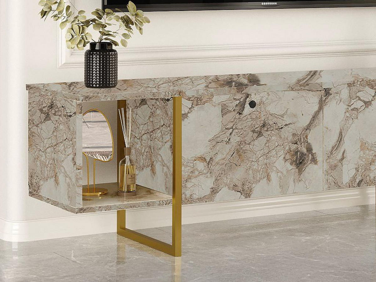 TV-MÖBEL mit 2 Türen & 2 Regalen - Marmor-Optik Weiß & Goldfarben - DERANA - Weiß, Holz (40/47.6/160cm) - Vente-Unique