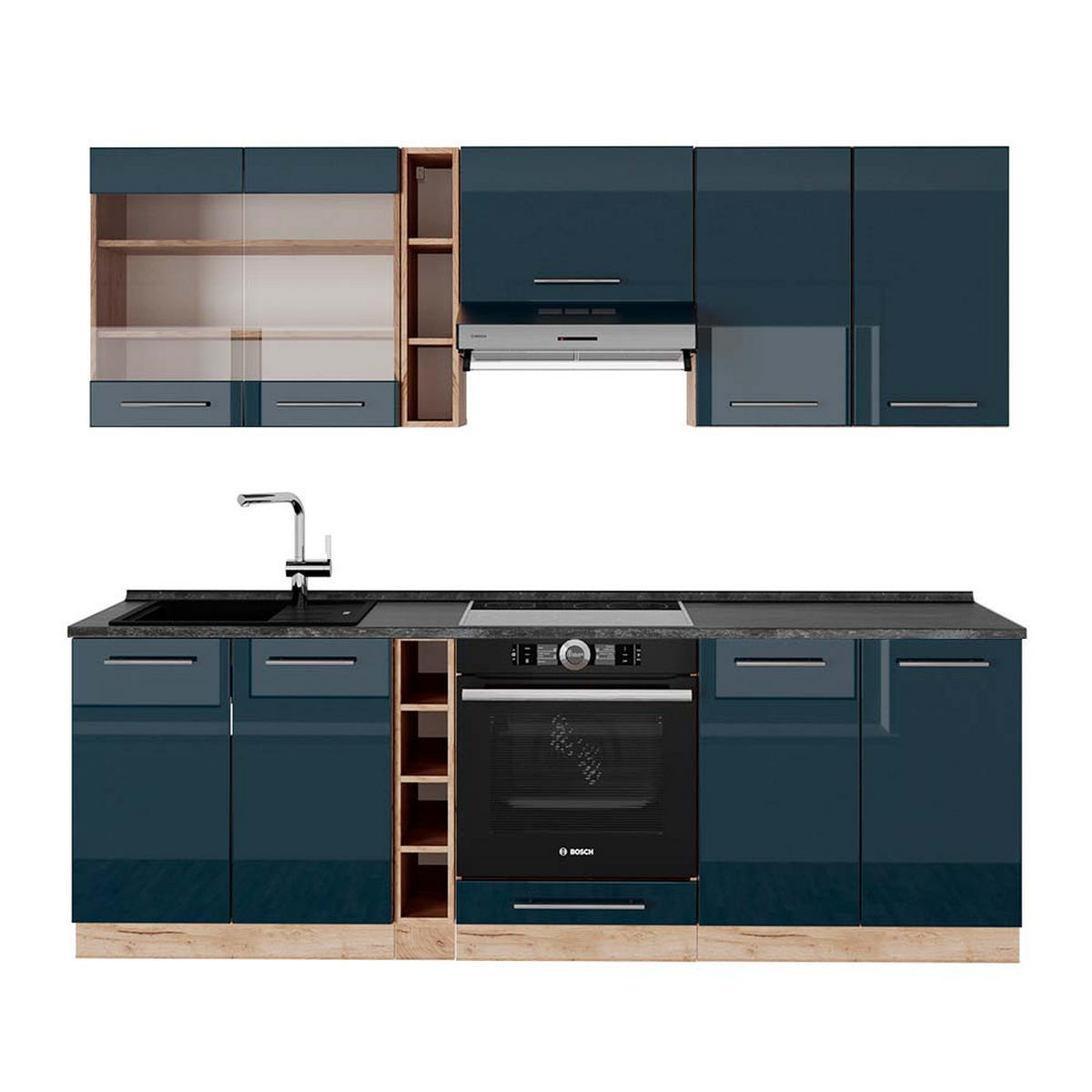 KÜCHENZEILE Fame-Line Dunkelblau Hochglanz/Goldkraft Eiche 235 cm AP Anthrazit - Honigeiche/Dunkelblau, Holzwerkstoff (235/81.6/60cm) - Vicco