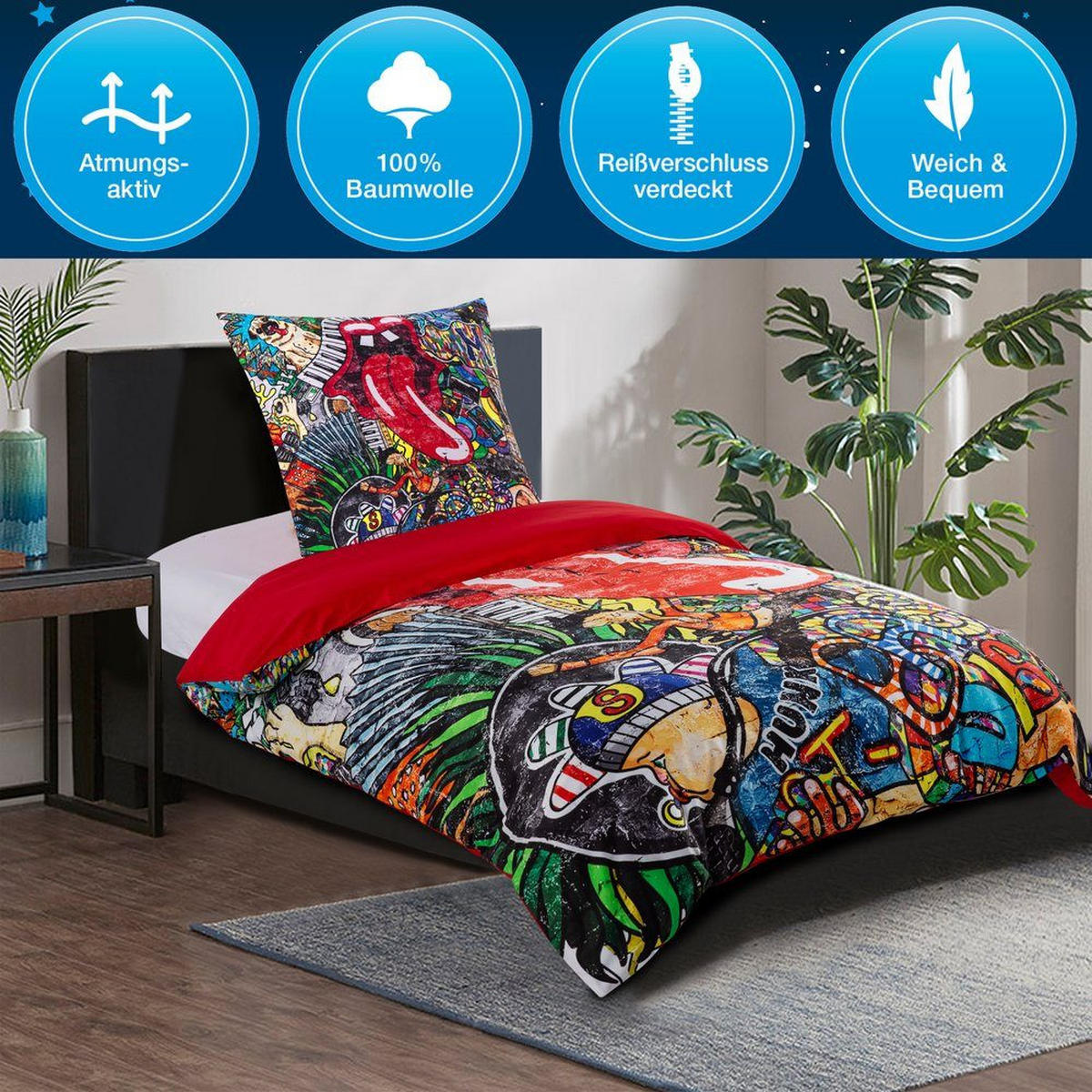 BETTWÄSCHE 4-teilig Graffiti - Rot, Naturmaterialien (135/200cm) - Sanilo