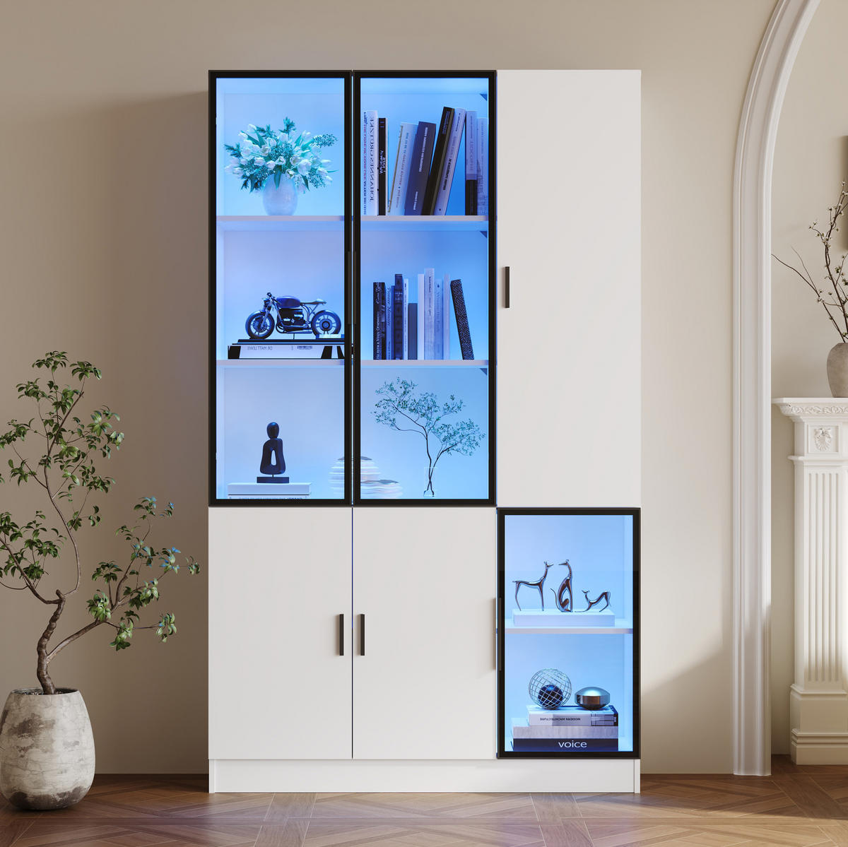 VITRINE 120/35/200 cm aus Holzwerkstoff mit Glas und LED-Beleuchtung Weiß - Weiß, Holzwerkstoff (120/200/35cm) - Modenvie