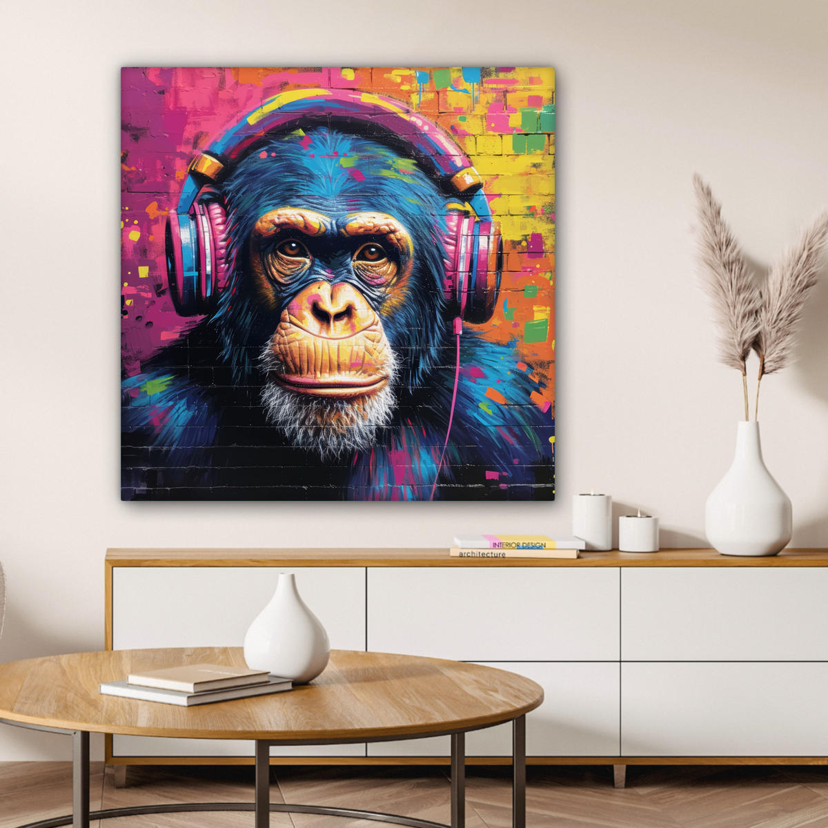 LEINWANDBILD Graffiti - Schimpanse - Straßenkunst - Kopfhörer - Affe Deko Groß 90x90 cm - Blau, Textil (90/90cm) - MuchoWow