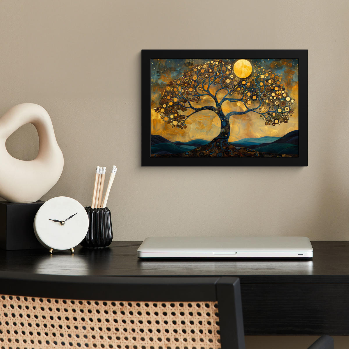 POSTER MIT RAHMENGERAHMTES BILD Baum - Mond - Blumen - Gold - Kunst 30x20 cm - Orange, Papier (30/20cm) - MuchoWow