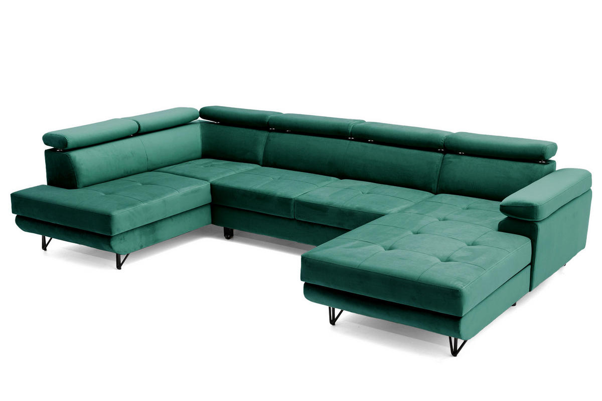 ECKSOFA U-Form JUNIOR U Links mit Schlaffunktion 128x254 Velours Dunkelgrün - Dunkelgrün/Schwarz, Holz/Textil (323/90/184cm) - Muffo