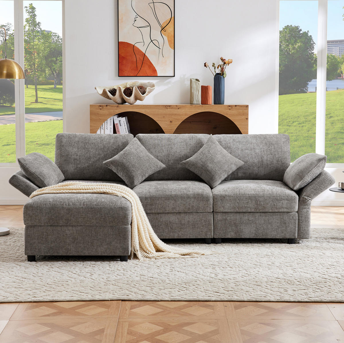 ECKSOFA, Chenille mit verstellbaren Armlehnen & Hocker, 218/156,5/86 cm, Grau - Grau, Textil (156.5/218cm) - Redom