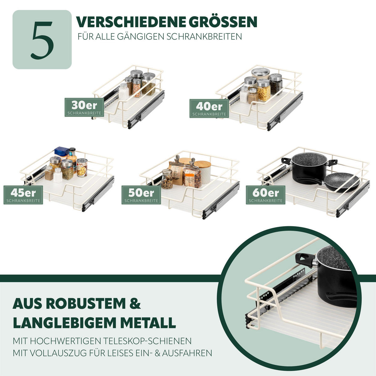 TELESKOPSCHUBLADE 60 cm Breite, mit Einlegeboden, Küchenschublade, cremeweiß - Creme, Metall (57/15/44cm) - bremermann