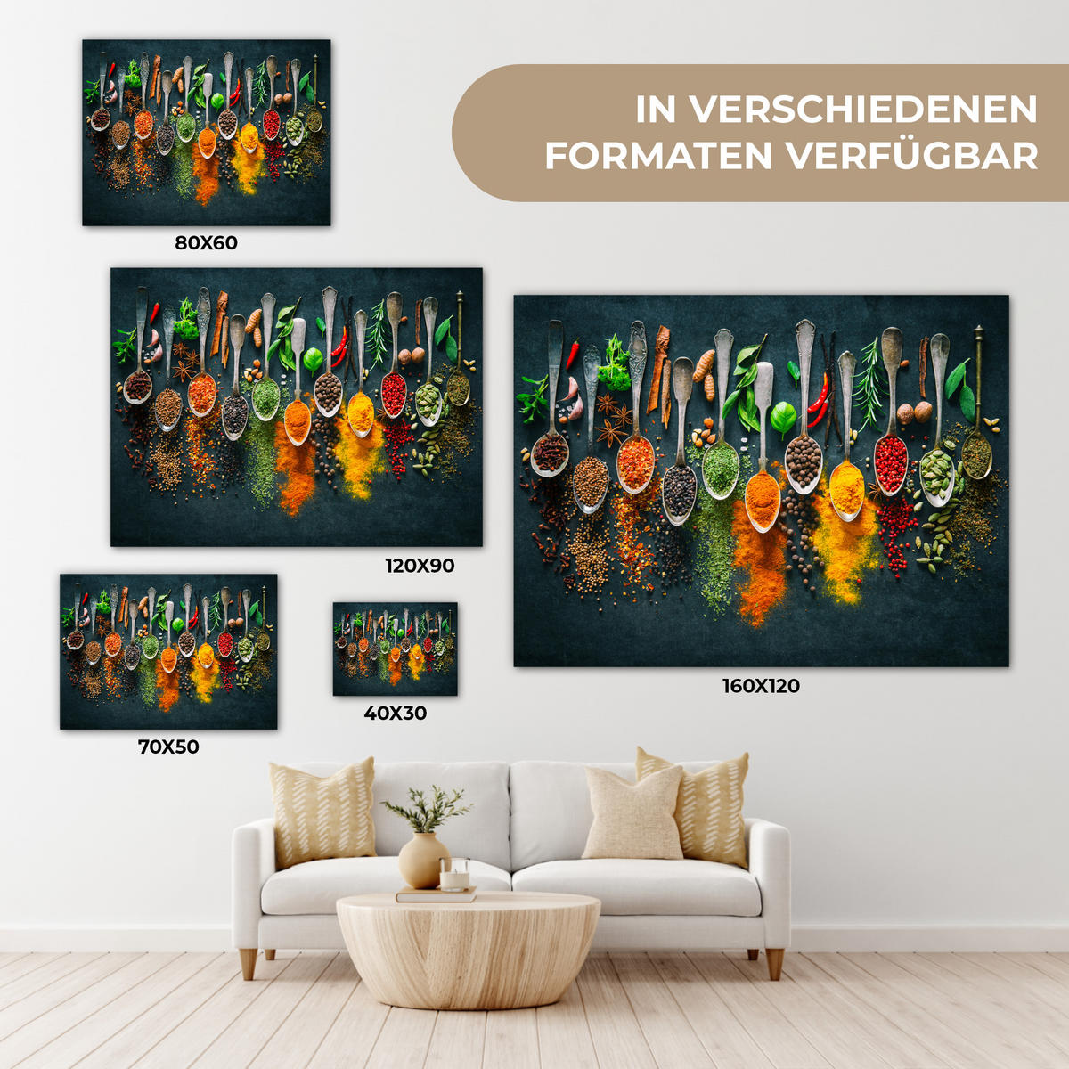 LEINWANDBILD Kräuter - Gewürze - Löffel 40x30 cm - Currygelb, Textil (40/30cm) - MuchoWow