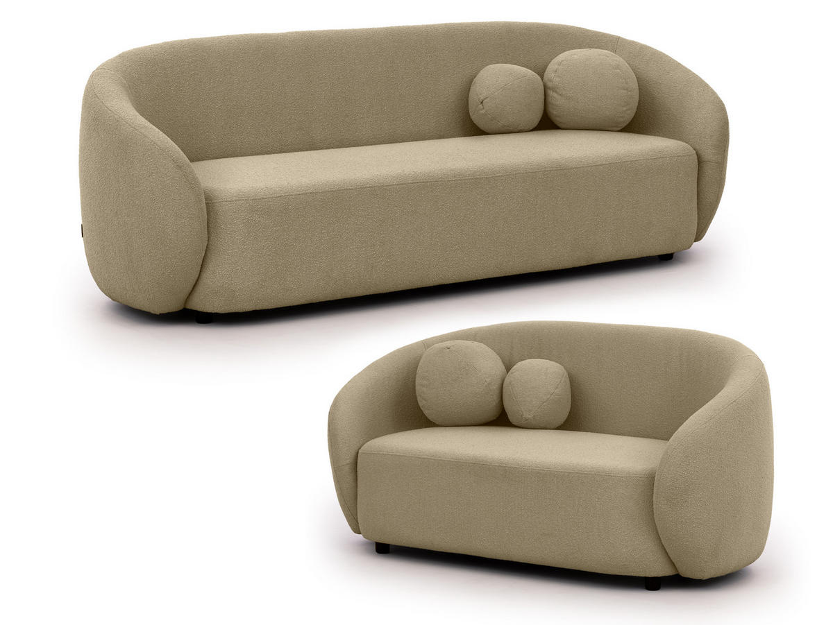 SITZGARNITUR 3+2 Roundi Beige Bouclé - Beige/Schwarz, Holz/Kunststoff (208/76/80cm) - S-Style Möbel