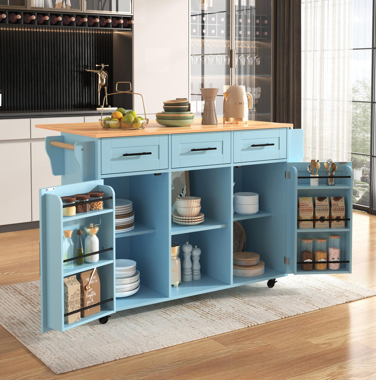 KÜCHENINSEL 139/46/91,5 cm blau aus MDF mit Klappplatte - Blau, Holzwerkstoff (139/91.5/46cm) - OKWISH