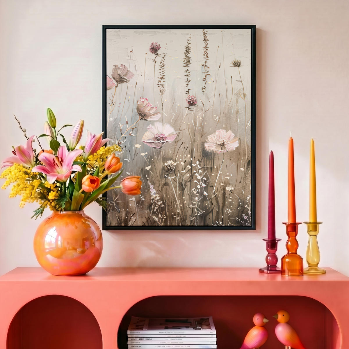 LEINWAND Bilder mit Rahmen - Blumen - Rosa - Modern - Beige - 30x40 - Beige, Textil (30/40cm) - MuchoWow