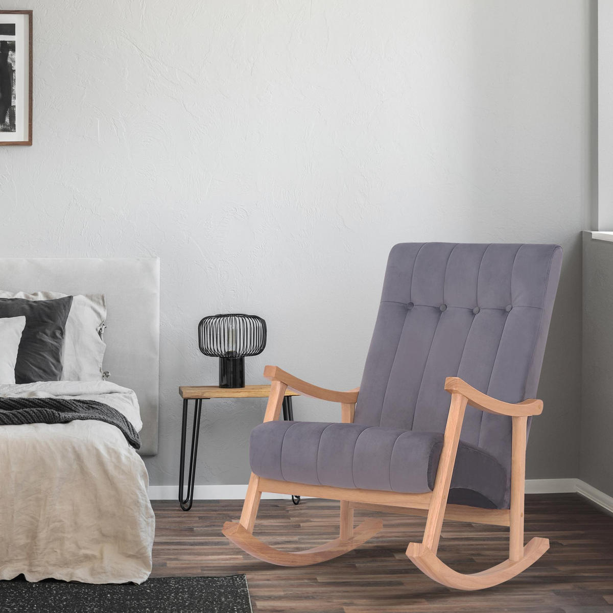 SCHAUKELSTUHL Samt Natura/Grau - Eukalyptusholzfarben/Grau, Holz/Textil (62/98/92cm) - CLP