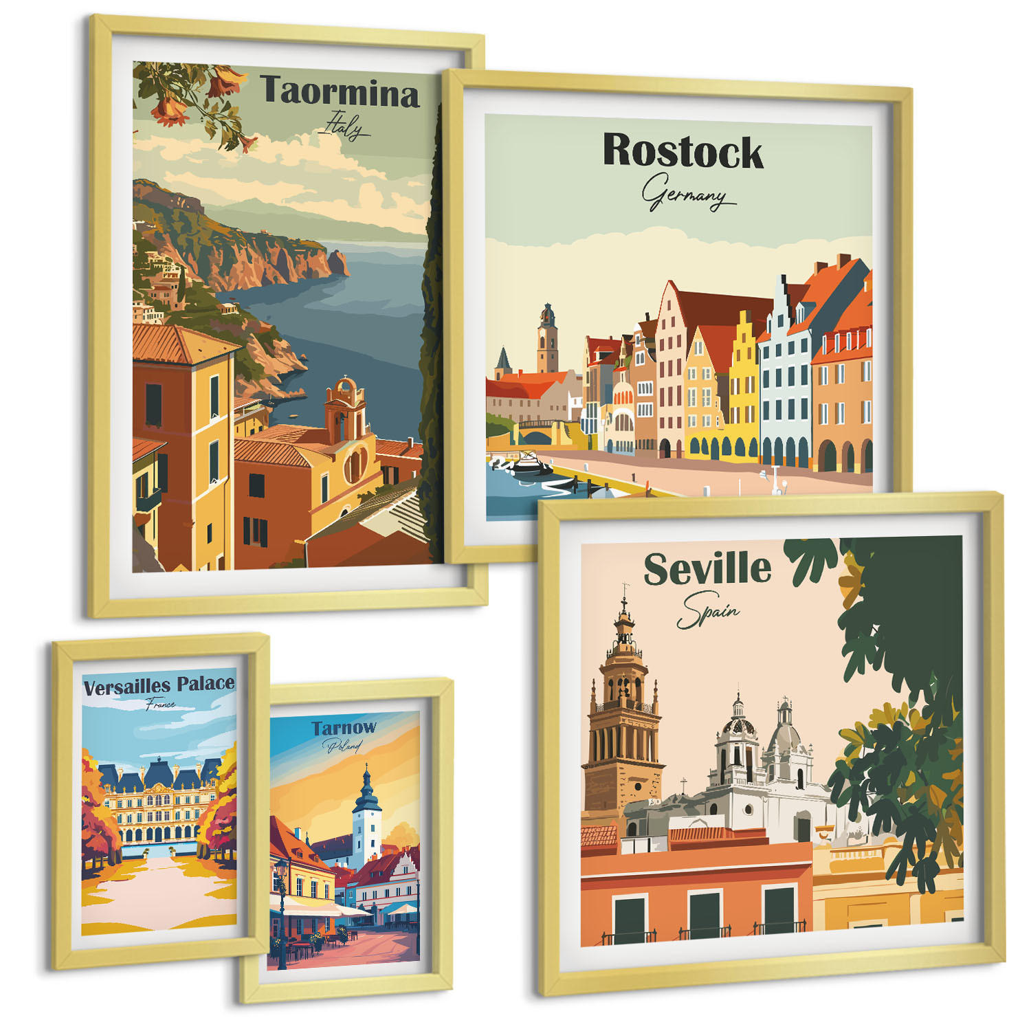 BILDER SET 5er Set - 50x50 cm & 20x30 cm & 40x60 cm Goldrahmen - Retro-Stadtgrafiken - Goldfarben, Kunststoff (40/60cm) - TULUP