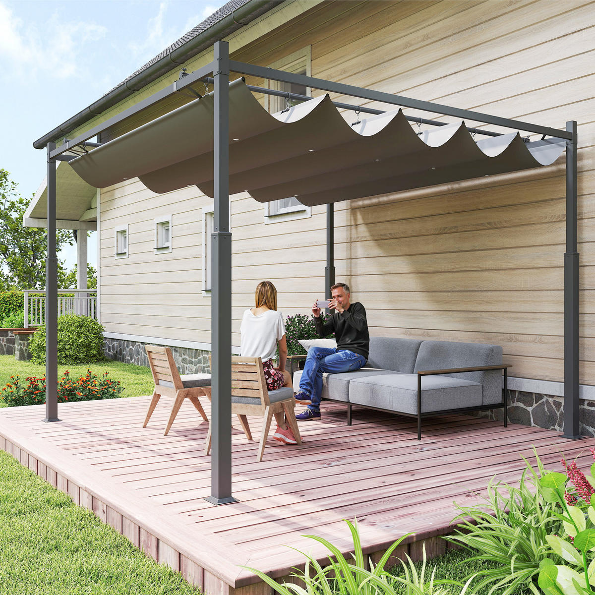 PERGOLA ca. 3x3 m Freistehend Terrassenüberdachung mit Schiebedach, magnetisch - Grau, Textil/Metall (298/230/298cm) - Outsunny