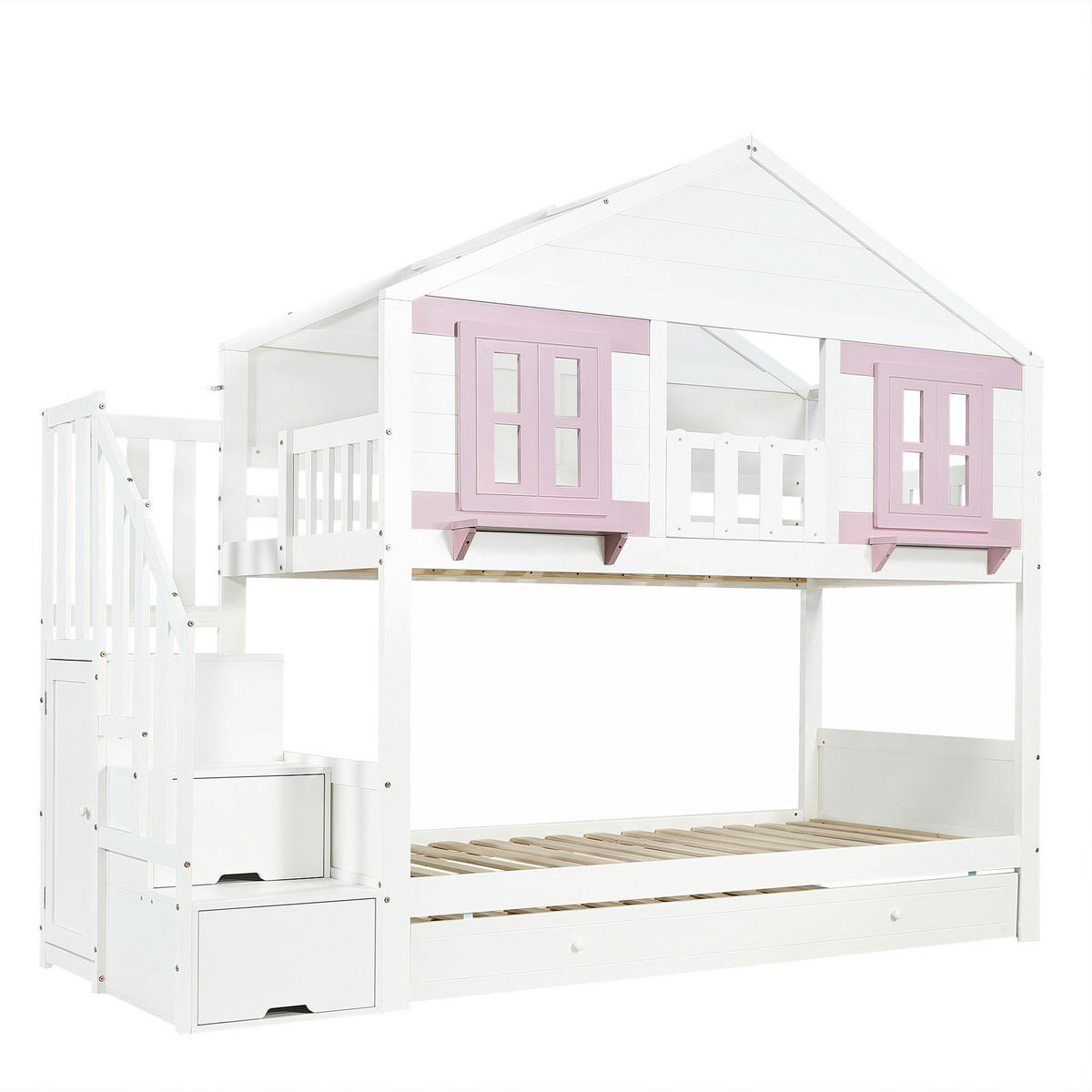 ETAGENBETT 90/200 cm & 90/200 cm in Weiß & Rosa mit Ausziehbett, Treppenregal und Kleiderstange - Weiß/Rosa, Holz/Holzwerkstoff (90/200cm) - WISHDOR