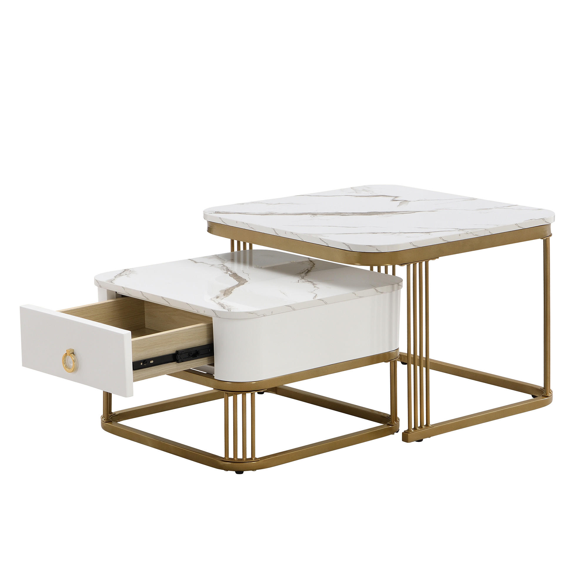 COUCHTISCH 2er Set mit Schublade stapelbar Marmoroptik goldenen Akzenten Hochglanz - Goldfarben/Weiß, Holzwerkstoff (60/60/45cm) - EVRYAE