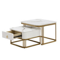 COUCHTISCH 2er Set mit Schublade stapelbar Marmoroptik goldenen Akzenten Hochglanz - Goldfarben/Weiß, Holzwerkstoff (60/60/45cm) - EVRYAE