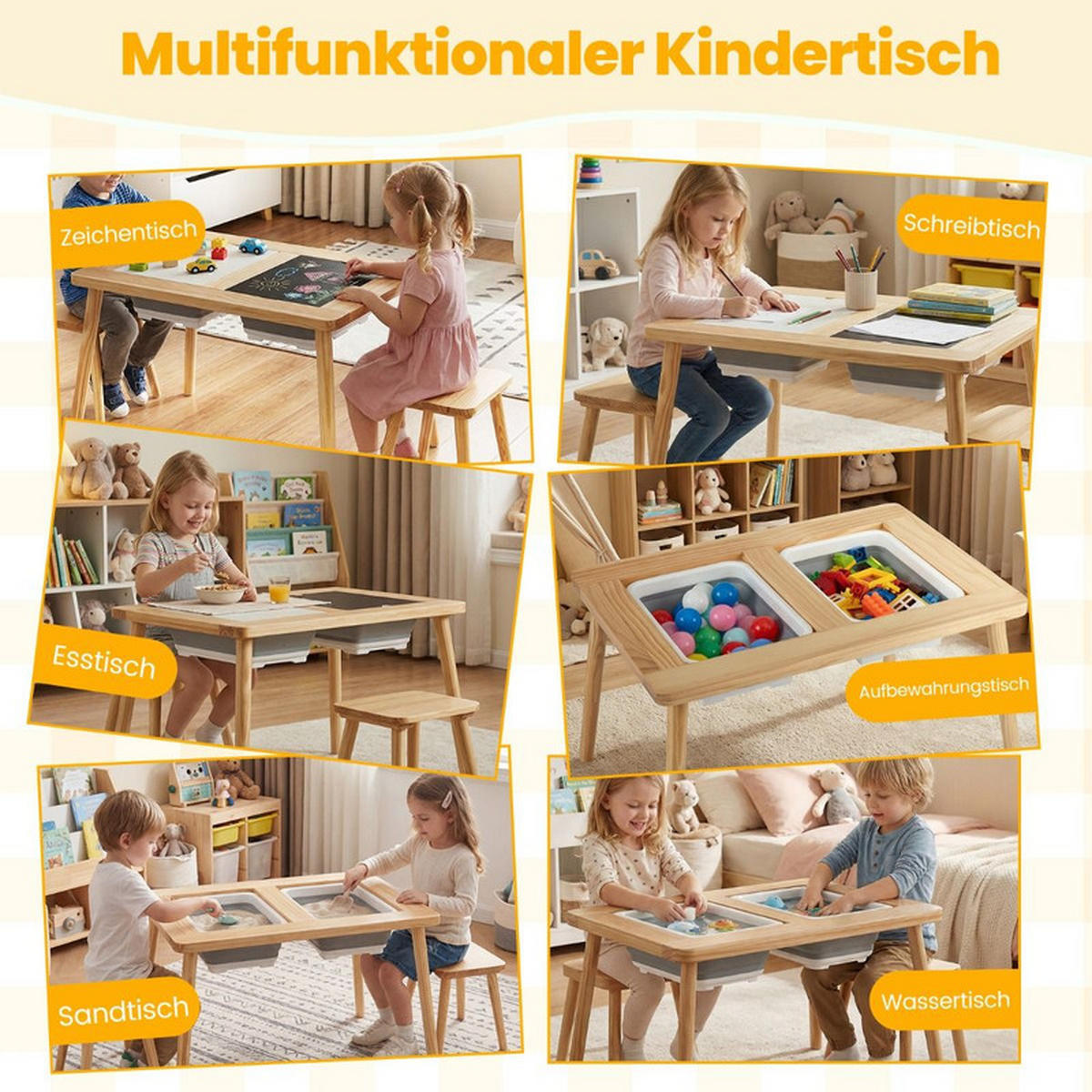 KINDERSPIELTISCH Quadrat natur(3-tlg) - Naturfarben, Holz (81/50/58cm) - COSTWAY
