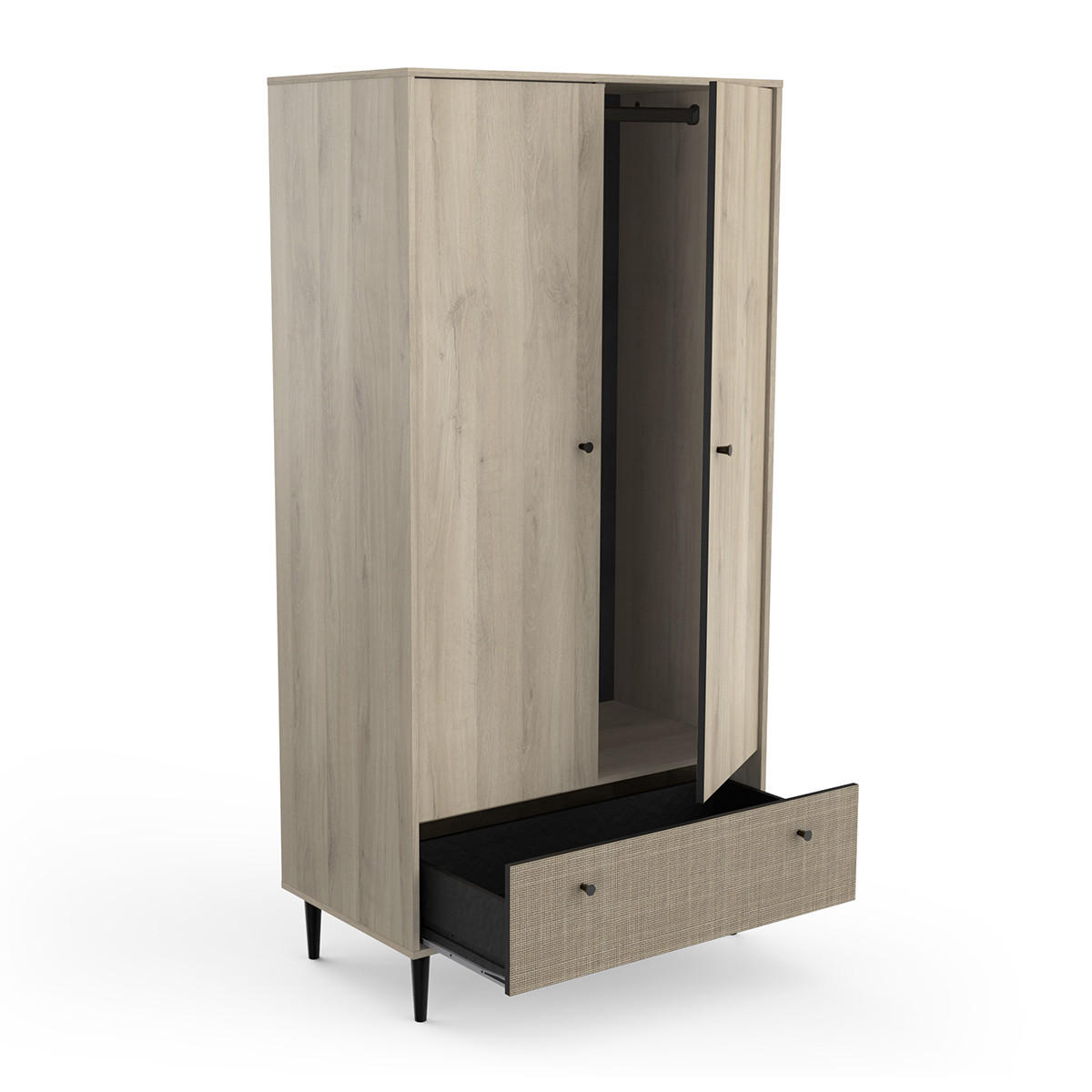 SCHRANK mit 2 Türen und 1 Schublade in Kronberg-Eiche-Dekor, Rattan-Druck und Mattschwarz Saïgon - H181,1 cm - Apfelbaumfarben, Holzwerkstoff (50/181.1/90.47cm) - Calicosy