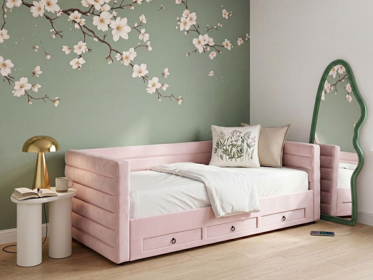 TAGESBETT mit Stauraum 90/180/200 Samtstoff Pastellrosa Meudon - Pink, Textil (90/200cm) - Beliani